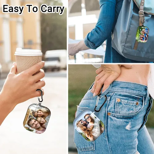 Miniatura 7 de Funda personalizada para AirPods de 2ª/1ª generación con imagen, logotipo, nombre, texto, carcasa rígida para Air Pods 2 1 con mosquetón y llavero a