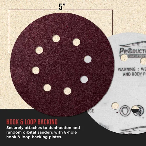 Miniatura 3 de ProductionShop Discos de lijado de grano 40 con patrón rojo de 8 agujeros de 5 pulgadas, caja de 30, papel de lija sin polvo con respaldo de gancho