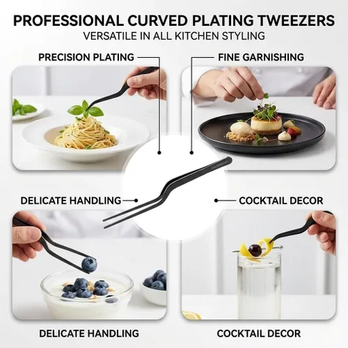 Miniatura 3 de CREATIVECHEF Pinzas multifunción curvadas de acero inoxidable de 8 pulgadas para cocina de precisión (curvadas, negras)