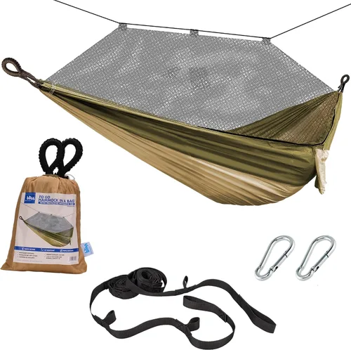 Bliss Hammocks Hamaca en una bolsa con mosquitera y correas ajustables para árboles, hamaca de nailon para acampar y uso al aire libre, capacidad de
