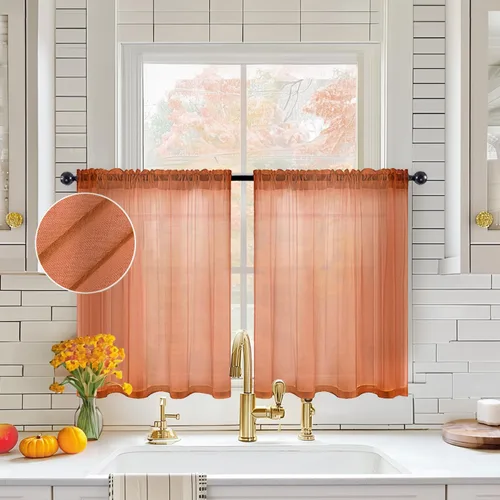 Miniatura 26 de MIULEE Cortinas semitransparentes 24 pulgadas de largo 2 paneles para ventana de cocina sobre el fregadero, cortinas cortas pequeñas de café
