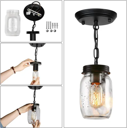 Miniatura 6 de Lámparas de Tarro de Vidrio Estilo Mason, Lámpara Colgante de 1 Luz para Isla de Cocina, Luminaria Estilo Granja Cerca del Techo para Cocina, 1