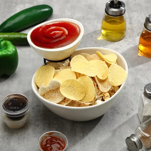 Miniatura 4 de Juego de 2 platos para servir chips y salsas de 2 niveles, plato de porcelana para aperitivos y platos con soporte para alimentos, tacos, bar, Negro