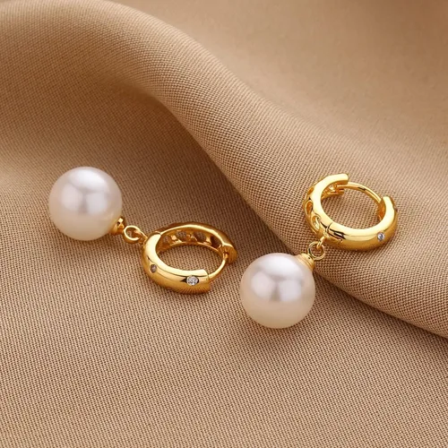 Miniatura 5 de XYJZXY Elegantes aretes de aro de perlas de imitación Aretes colgantes ligeros de perlas de imitación para mujer Joyas de boda con perlas
