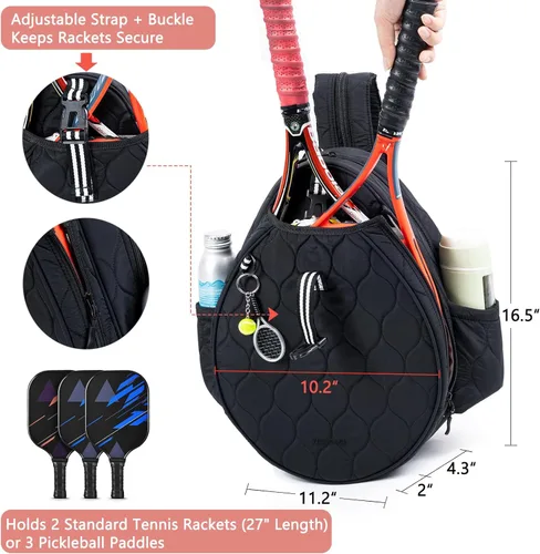 Miniatura 3 de Bolsa de tenis acolchada para mujer – Mochila de tenis y bandolera Capacidad para 2 raquetas o 3 paletas de pickleball Bolsa ligera para raqueta