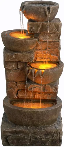 Miniatura 10 de Teamson Home Cuencos en cascada y piedras apiladas, fuente de agua LED para exteriores de 28 pulgadas para espacios al aire libre para crear un