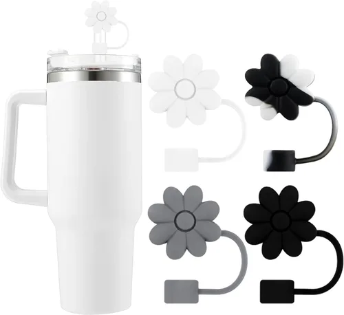 Miniatura 24 de 6 fundas de silicona para popotes Stanley Cups de 30 y 40 onzas, tapas de paja de flores a prueba de polvo, protectores reutilizables para popotes