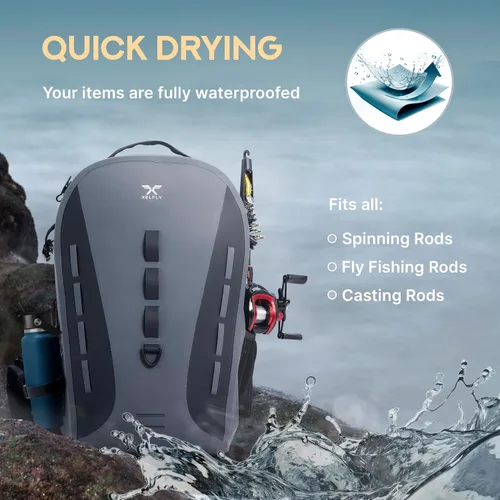 Miniatura 7 de Xelfly Mochila de pesca impermeable G2 con soporte para caña, válvula de aire inflable, correas acolchadas para la cintura y bucles para engranajes