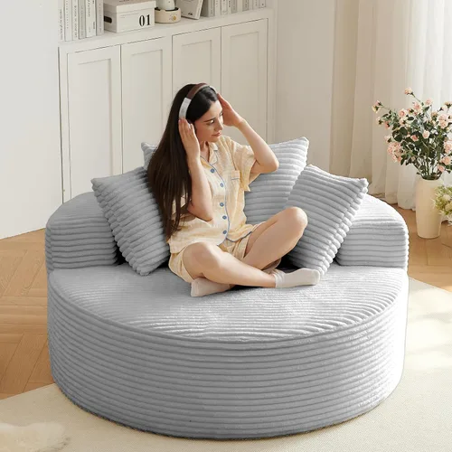 Miniatura 21 de Silla redonda de gran tamaño de 55 pulgadas, tumbona para interiores, silla circular grande sin hueso con pana de felpa, no requiere montaje, sofá