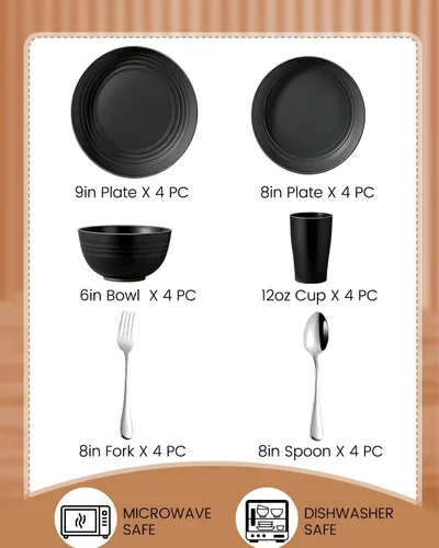 Miniatura 2 de Juego de platos y cuencos de 24 piezas para 4 vajillas de paja de trigo irrompible, incluye tenedores de acero inoxidable para picnic, camping, Negro