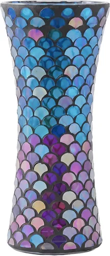 Miniatura 10 de Jarrón de mosaico de escamas de pez azul marino profundo de 11.6 pulgadas de alto, exquisito jarrón de vidrio alto hecho a mano, centro de mesa