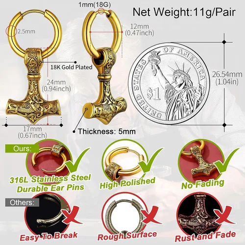 Miniatura 4 de FaithHeart Aretes de aro vikingo para hombre, ligeros, de acero inoxidable, aretes colgantes retro de mitología nórdica, regalo para papá y hermanos