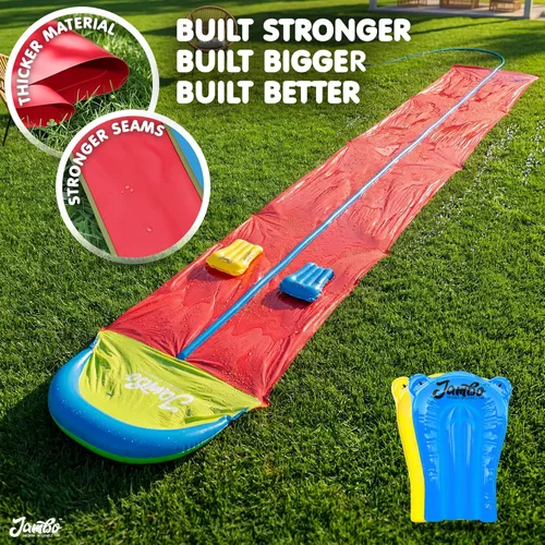 Miniatura 4 de JAMBO 7.3 metros XL Tobogán, Resbaladilla y Aspersor y 2 Tablas de Bodyboard, Tobogán de Agua para Césped de Alta Resistencia, Juguete de Agua