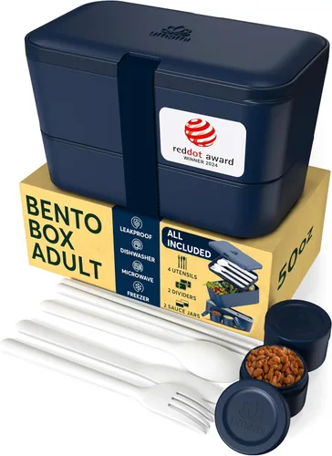 Miniatura 9 de Umami Cajas de almuerzo con 4 utensilios, tarro de salsa, Caja bento apilable que ahorra espacio para adultos, 100% a prueba de fugas, contenedores