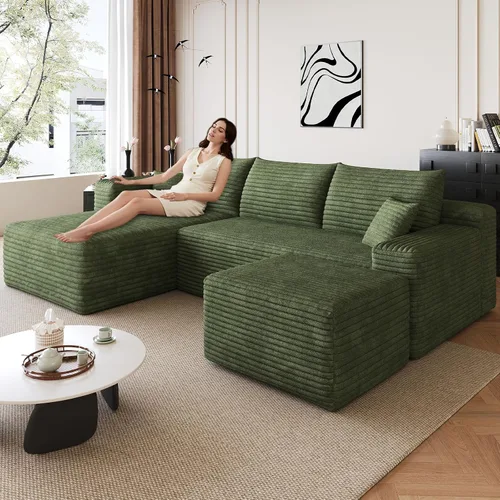 Miniatura 58 de Sofá modular de 95 pulgadas con otomana, moderno sofá nube de pana con asiento profundo, sofá sin hueso tapizado de 3 plazas en forma de U para sala