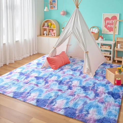 Miniatura 31 de JUNOVO - Alfombra de área lavable, antideslizante, alfombras ultra suaves de 4 x 5.3 pies, alfombras esponjosas para dormitorio, niños, niñas, Azul
