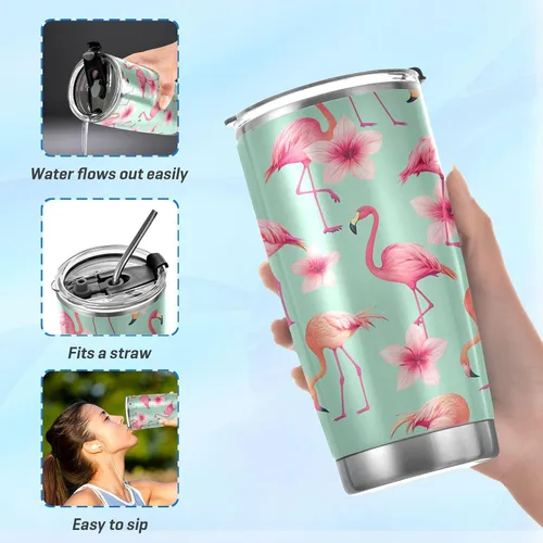 Miniatura 6 de Vaso de 20 onzas con tapa y pajilla, de acero inoxidable aislado al vacío, taza de café y agua, hermosa taza de viaje de flamenco rosa, taza térmica