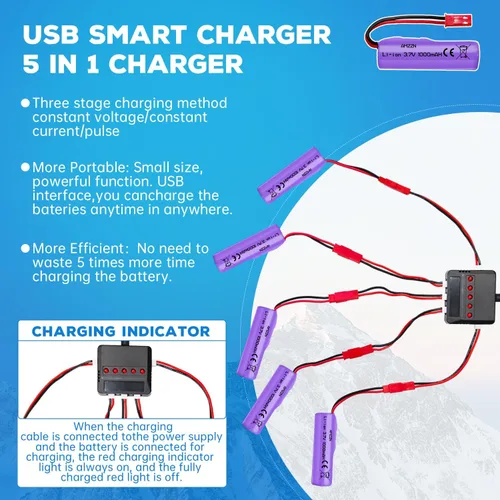 Miniatura 4 de Batería de iones de litio de 3.7 V 1000 mAh con enchufe JST-2P y cargador de 1 a 5 para Huina 1337 1338 1516 1517 RC vehículo de ingeniería