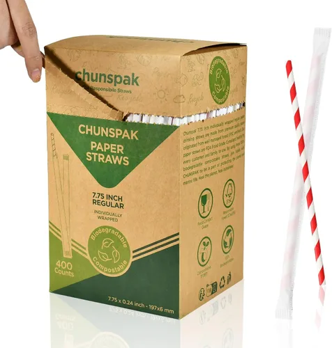 Miniatura 8 de Pajitas de papel desechables envueltas individualmente de 7.75 x 0.24 pulgadas, rayas coloridas [400 unidades] - biodegradables ecológicos