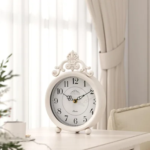 Miniatura 7 de Reloj de mesa blanco vintage, reloj de mesa y repisa, estilo rústico francés, estilo antiguo, para granja, dormitorio, sala de estar, mesita