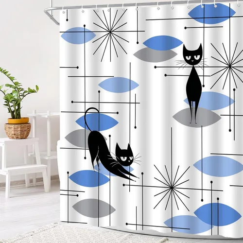 Cortina de ducha de gato negro de mediados de siglo, azul y gris, moderna, atómica, abstracta, geométrica, patrón icónico, retro, negro, gatito,