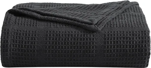 Miniatura 2 de Kenneth Cole - Manta tamaño King, manta de algodón 100% texturizado de rejilla de gofre para cama o sofá, ligera y transpirable para comodidad Negro