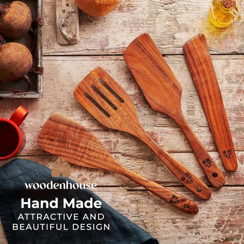 Miniatura 6 de Espátula de madera para cocinar, espátulas de teca para uso en la cocina, utensilios de cocina de madera, juego de 4 incluyendo pala, espátula