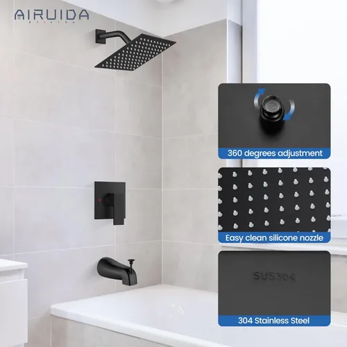 Miniatura 5 de Airuida Juego de Grifería de Ducha con Caño de Bañera Kit de Grifería de Bañera Kit Completo de Acabados de Ducha y Bañera con Válvula de Negro mate