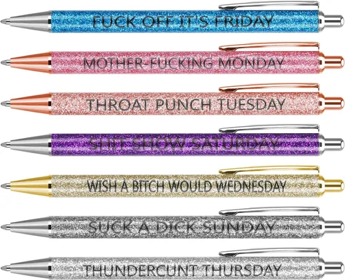 Miniatura 7 de 7 bolígrafos divertidos, bolígrafo diario de Swear Word Weekday Vibes Glitter Pen Set describiendo mentalidad sarcástica siete días de la semana
