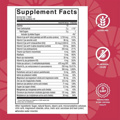 Miniatura 3 de Celebrate Vitamins Multi ADEK masticables sin hierro, multivitamínico bariátrico diario, alto nivel de vitaminas A, D, E, K y B12 para pacientes