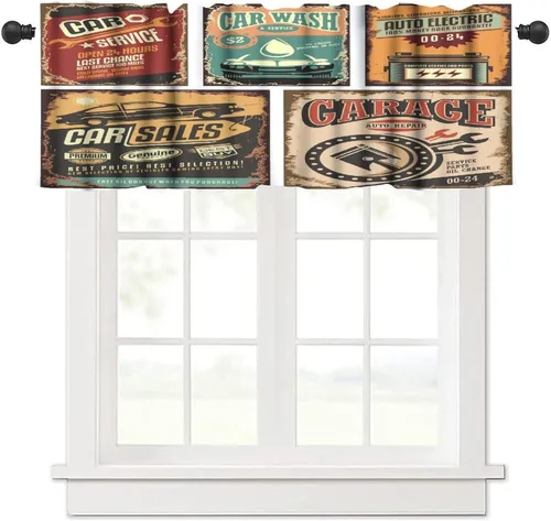 Cortinas retro para ventana de automóvil, diseño de letrero vintage, cortina corta para cocina, sala de estar, baño, ventanas de 54 x 18 pulgadas de