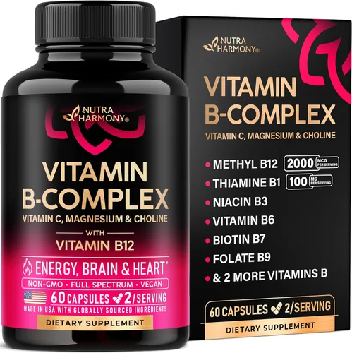 Complejo de vitamina B para hombres y mujeres - Hecho en Estados Unidos - Complejo B 11 en 1: B1, B2, B3, B5, B6, B7, B8, B9, B12 con vitamina C,
