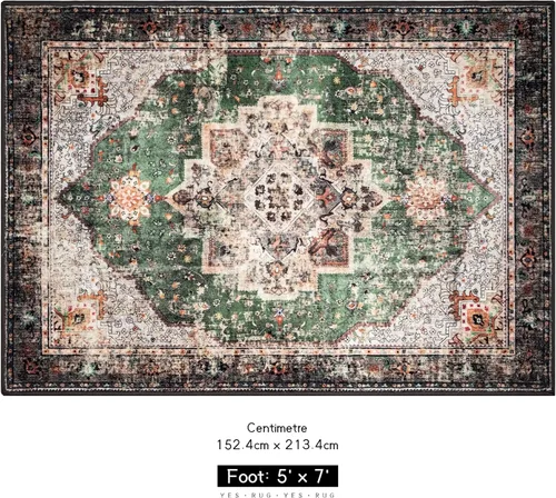 Miniatura 7 de Alfombra de área de 5 x 7 pies para sala de estar, alfombra verde boho antideslizante lavable, alfombra vintage de pelo bajo, alfombra grande