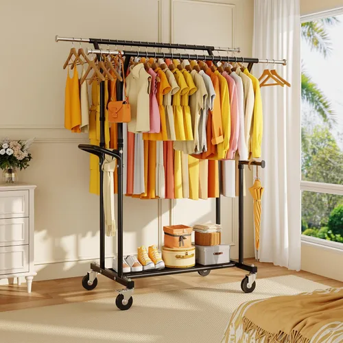 Miniatura 9 de Perchero de ropa resistente: 800LBS Perchero de ropa con ruedas para colgar abrigos, barras dobles, estantes de tela portátiles con ruedas Estante