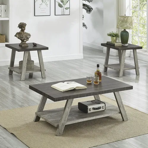 Miniatura 7 de Roundhill Furniture Atenas Juego de mesa de café de 3 piezas de estante de madera contemporánea, negro