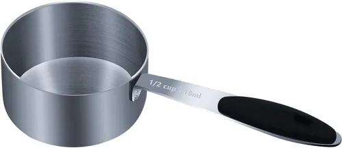 LEIFENY 1 taza medidora individual de 1/2 taza (4.0 fl oz, 4 onzas) con agarre de silicona negra, cucharada individual de acero inoxidable
