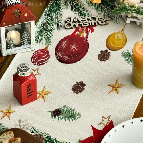 Miniatura 3 de Artoid Mode Bolas de Navidad con diseño de bolas de Navidad, Pino y Poinsettia, Camino de mesa de Navidad, decoración de mesa de comedor