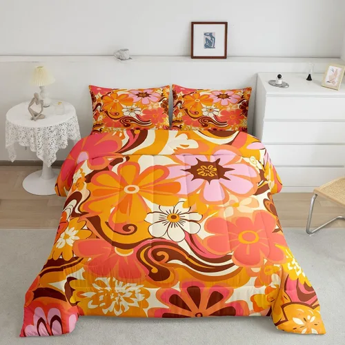 Miniatura 18 de Lindo juego de edredón de flores para niños y mujeres. Juego de ropa de cama de flores coloridas de dibujos animados, tamaño individual, bonito