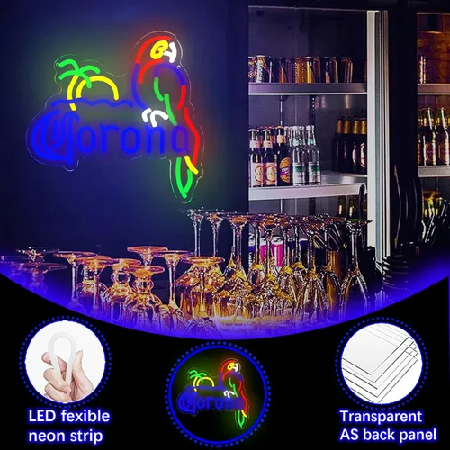 Miniatura 3 de Coron Letrero de Neón de Loro Luces de Neón para Decoración de Bar, Luces de Cerveza de Palmera Letrero de Neón LED Regulable Letreros Luminosos