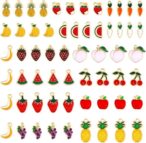 JIALEEY 60 dijes de frutas chapados en oro surtidos esmaltados mezclados con manzana, plátano, piña, fresa, uva, melocotón, colgante, bricolaje para