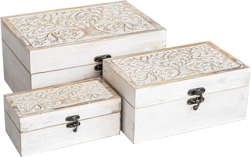Miniatura 12 de 2 cajas de recuerdo de madera tallada con tapa con árbol de la vida, cajas de almacenamiento decorativas para decoración del hogar, caja
