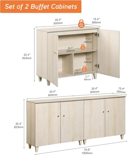 Miniatura 2 de WAMPAT Aparadores de buffet, mesa consola de madera Credenza de 70.8 pulgadas de ancho con 4 puertas, armarios de almacenamiento 2 en 1 modernos