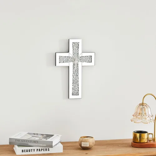 Miniatura 5 de Aeveco Cruz de Pared para Decoración, Cruz Espejo Plateada para Sala de Estar, Cruces de Espejo con Diamantes de Cristal Triturados, Arte Religioso