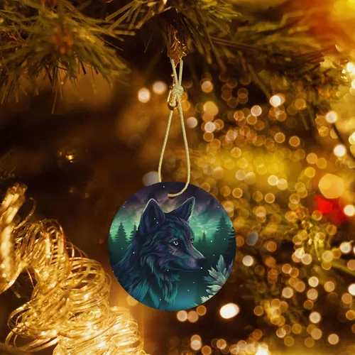 Miniatura 6 de Adornos de cerámica para árbol de Navidad, diseño de lobo del bosque, adornos redondos de cerámica, divertidas decoraciones de Navidad, colgantes
