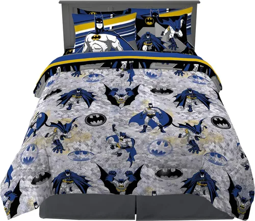 Franco - Juego de ropa de cama para niños, edredón y sábanas supersuaves con funda, 7 piezas, tamaño matrimonial, Batman