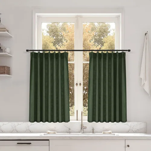 Miniatura 29 de Juego de 2 paneles de cortinas de ventana de cocina beige de 24 pulgadas de largo, con textura de lino, plisadas, filtrantes de luz, semi pequeñas