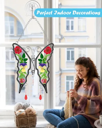 Miniatura 2 de KY&BOSAM - Atrapasoles de mariposa de vidrio para ventanas, carillón de viento, adorno colgante con flores secas presionadas entre las alas y sin