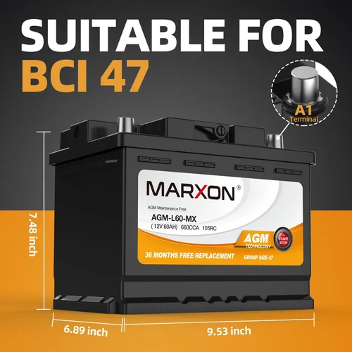 Miniatura 2 de Marxon Group 47 Batería de Coche 12v 60AH 650CCA H5 AGM Baterías para Camiones Baterías de Automoción Libres de Mantenimiento Reemplazo de Arranque