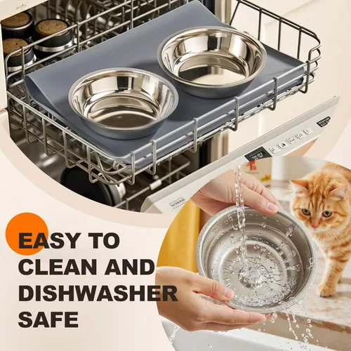 Miniatura 6 de Tazones elevados para comida y agua para gatos – Tazón elevado de acero inoxidable inclinado en 15° con soporte de bambú negro y estación