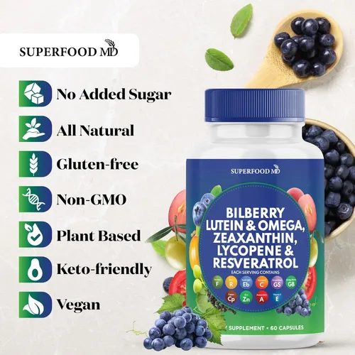 Miniatura 7 de Superfood MD Vitaminas para la salud ocular con arándano luteína y zeaxantina licopeno 40 mg resveratrol extracto de semilla de uva Astaxantina
